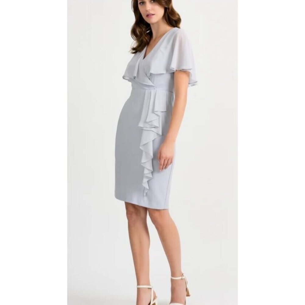 JOSEPH RIBKOFF Dress Size 12 Grey Frost Layered Shoulder Fabric Midi Lined Gray